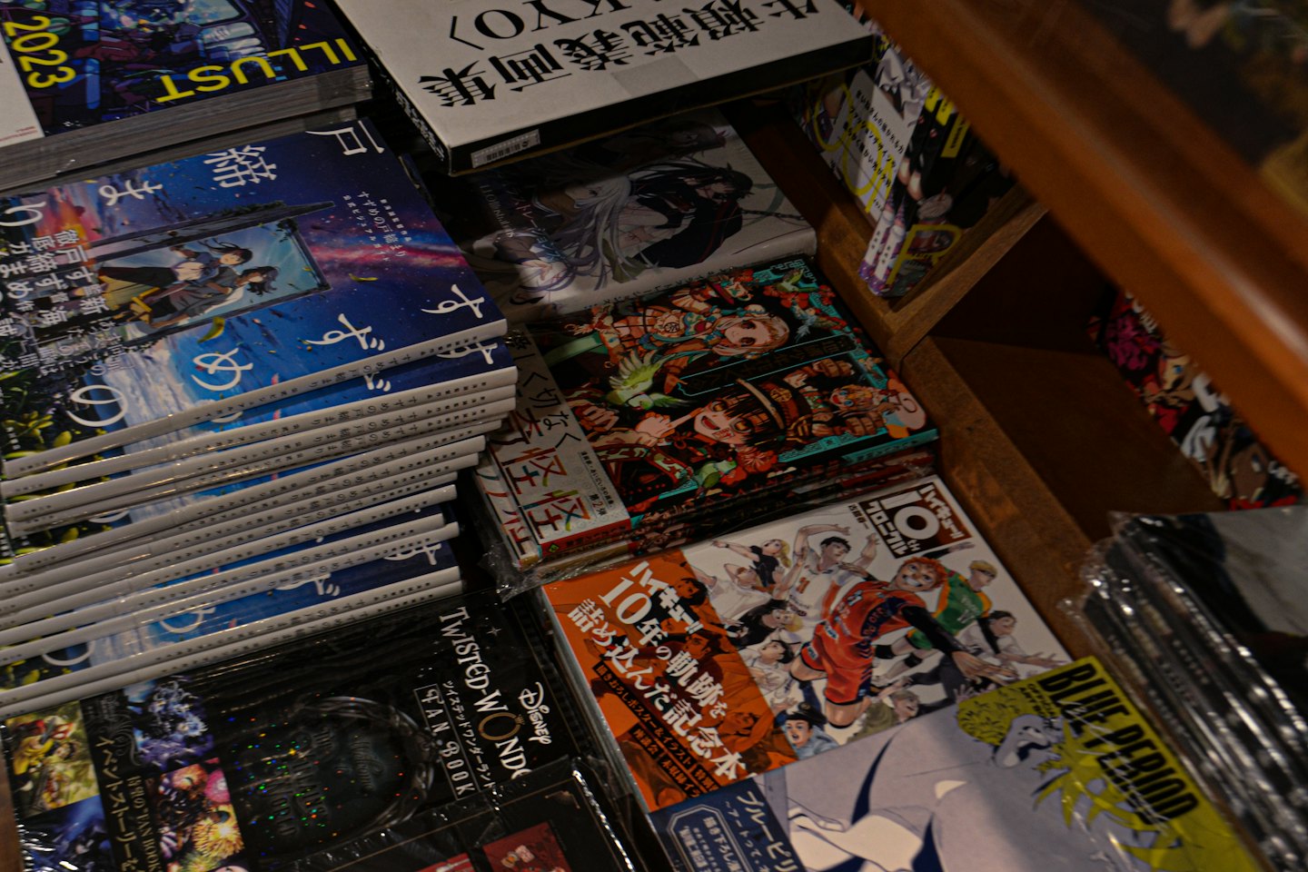 Libri manga e d'arte giapponesi su scaffali di legno scuro in una libreria.